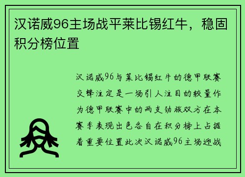 汉诺威96主场战平莱比锡红牛，稳固积分榜位置