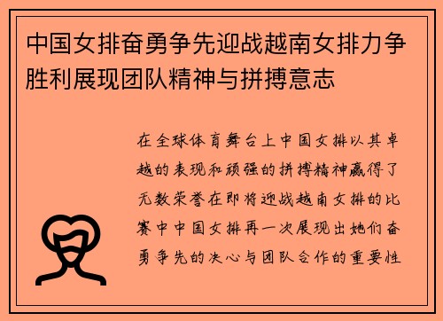 中国女排奋勇争先迎战越南女排力争胜利展现团队精神与拼搏意志
