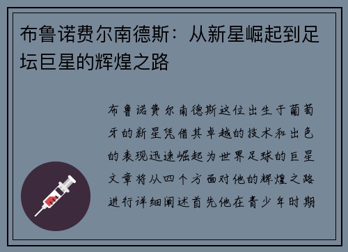 布鲁诺费尔南德斯：从新星崛起到足坛巨星的辉煌之路
